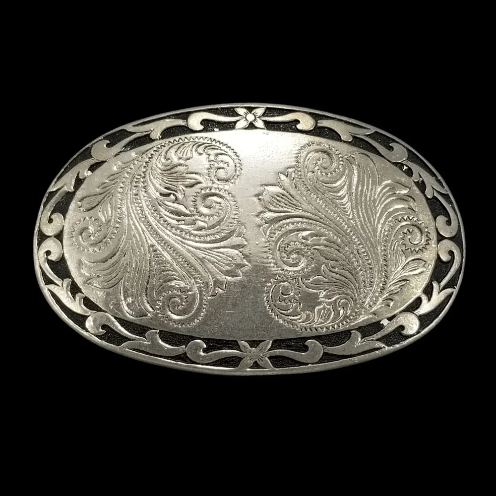 Western Silver Tone Oval Belt Buckle‎ Engraved Paisley Floral Scroll Filigree